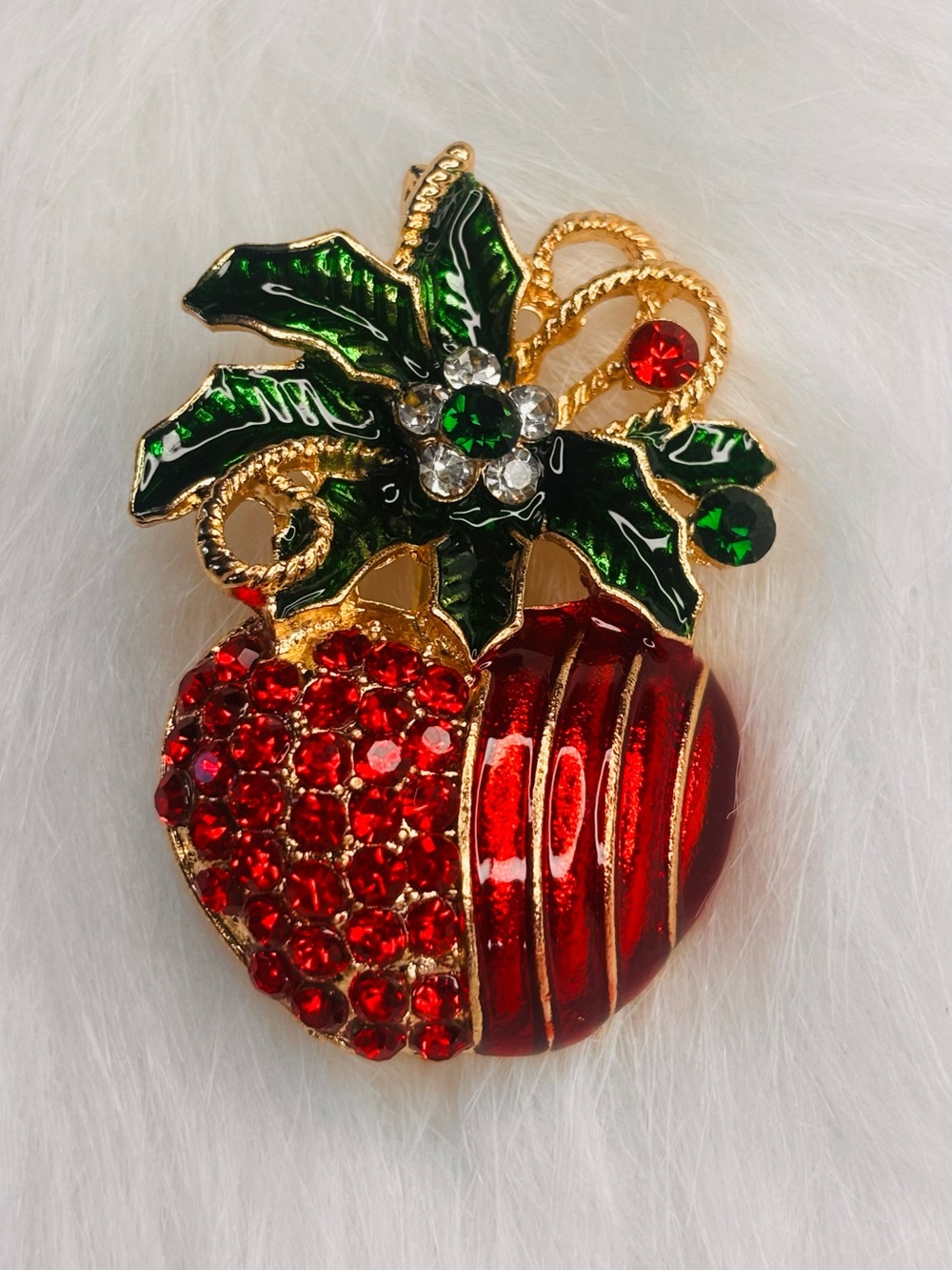 Christmas Holly Berry Brooch Red Rhinestone Enamel Holiday Pin